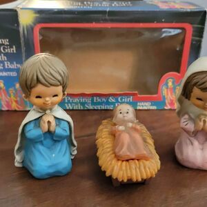 Vintage Praying Boy & Girl With Sleeping Baby Hand Painted Hong Kong